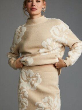 Anthropologie Floral Knit Mini Dress - Cream and Beige